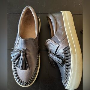 J Slides Aztec Winnie Platform Tassel Sneaker Loafer Leather Slip On Pewter 8